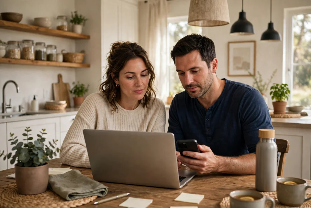 Photo of a couple reviewing their household subscriptions together at a kitchen table
