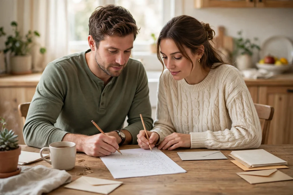 Photo of a couple at their kitchen table writing a list of essential expenses together