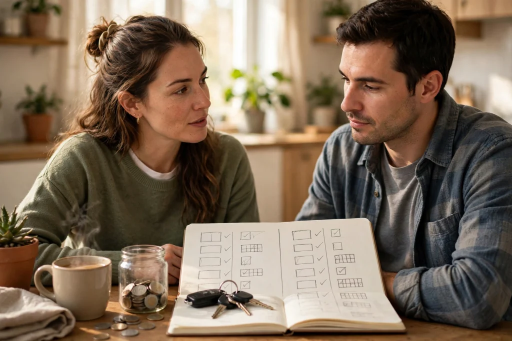 Photo of a couple discussing a two-column checklist in a notebook with car keys resting on it and a coin jar beside them