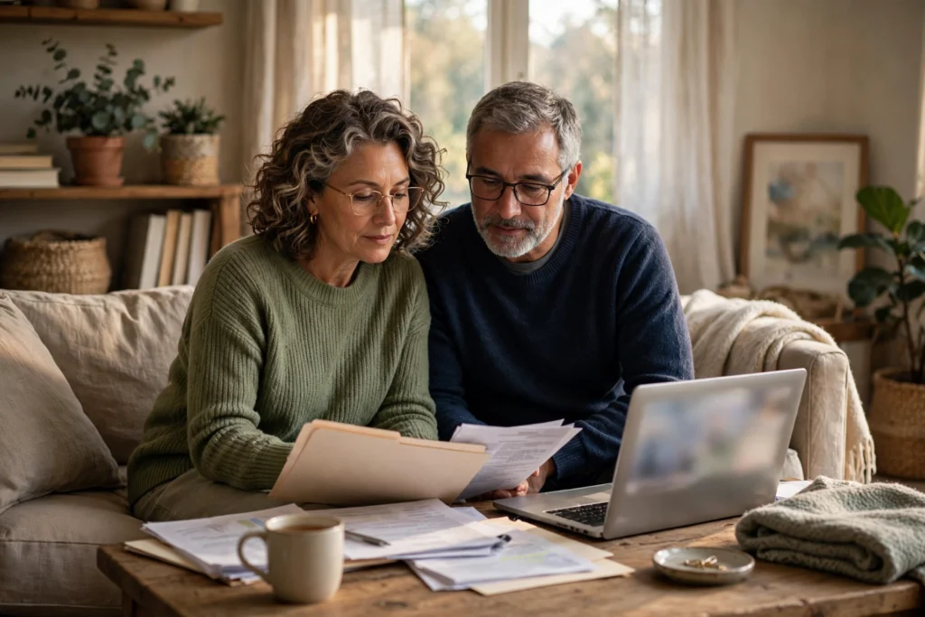 Photo of an older couple on their sofa reviewing paperwork together with a laptop