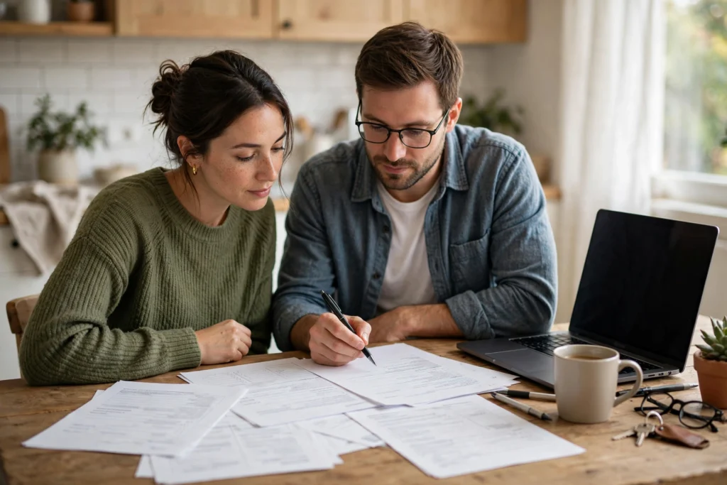 Photo of a couple at their kitchen table reviewing benefits enrollment forms with a laptop