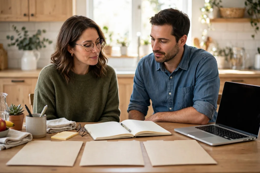 Photo of a couple at their bright kitchen table with three plain folders a notebook and a laptop as they learn how retirement accounts work