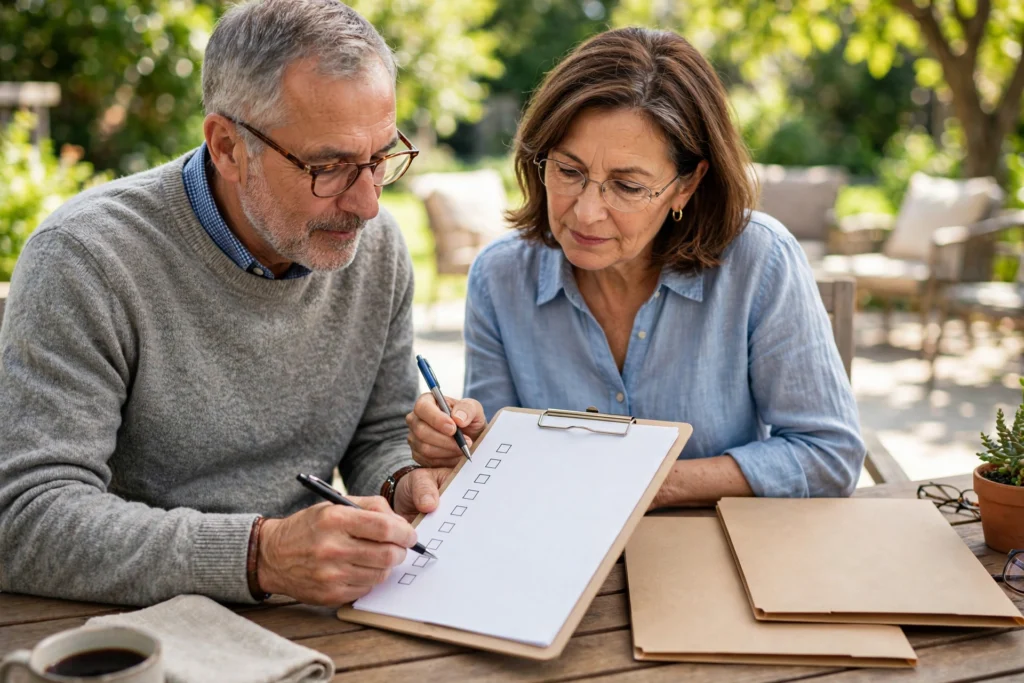 Photo of an older couple at a garden table working through a retirement account checklist on a clipboard with two folders beside them