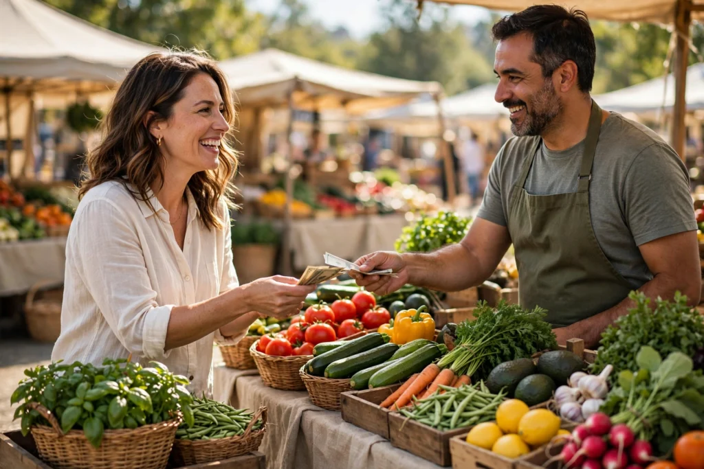 Photo of a woman happily paying with cash at a farmers market stall