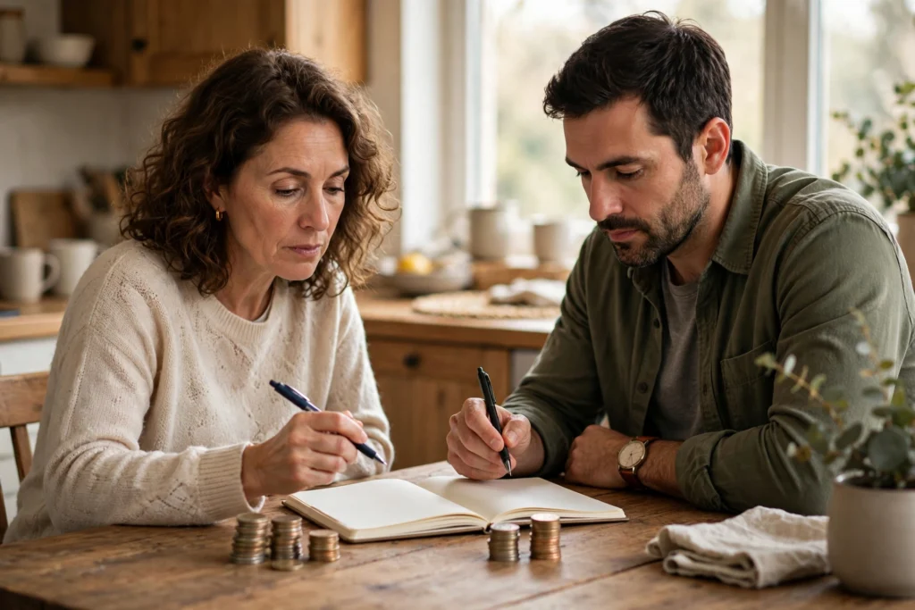 Photo of a couple at their kitchen table comparing savings options in a notebook with small stacks of coins