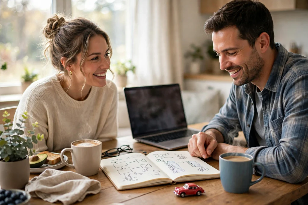 Photo of a smiling couple at their table on a weekend morning planning how to save for a family car with a notebook laptop and a small toy car
