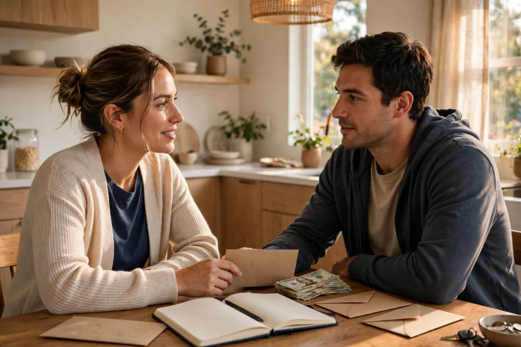Photo of a couple calmly planning cash envelopes together at their kitchen table