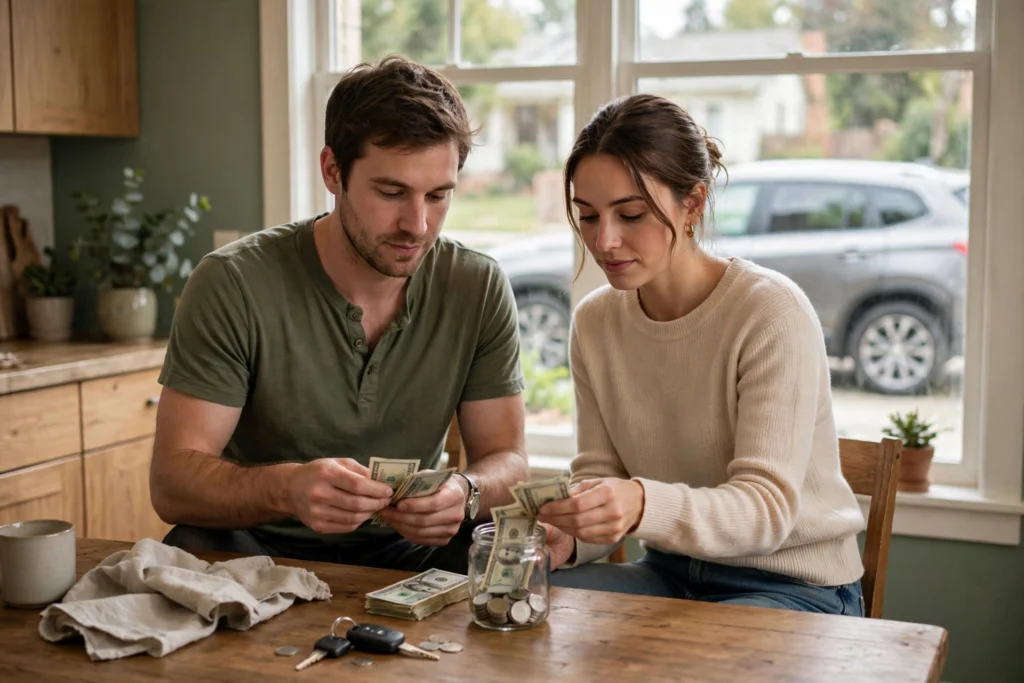 Photo of a couple at their kitchen table putting cash into a savings jar for car repairs with car keys on the table and their car outside the window