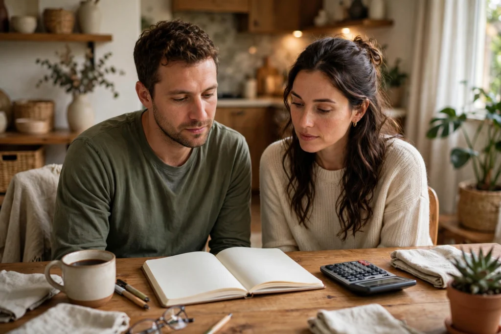 Photo of a couple at their table weighing budget options with a notebook and calculator