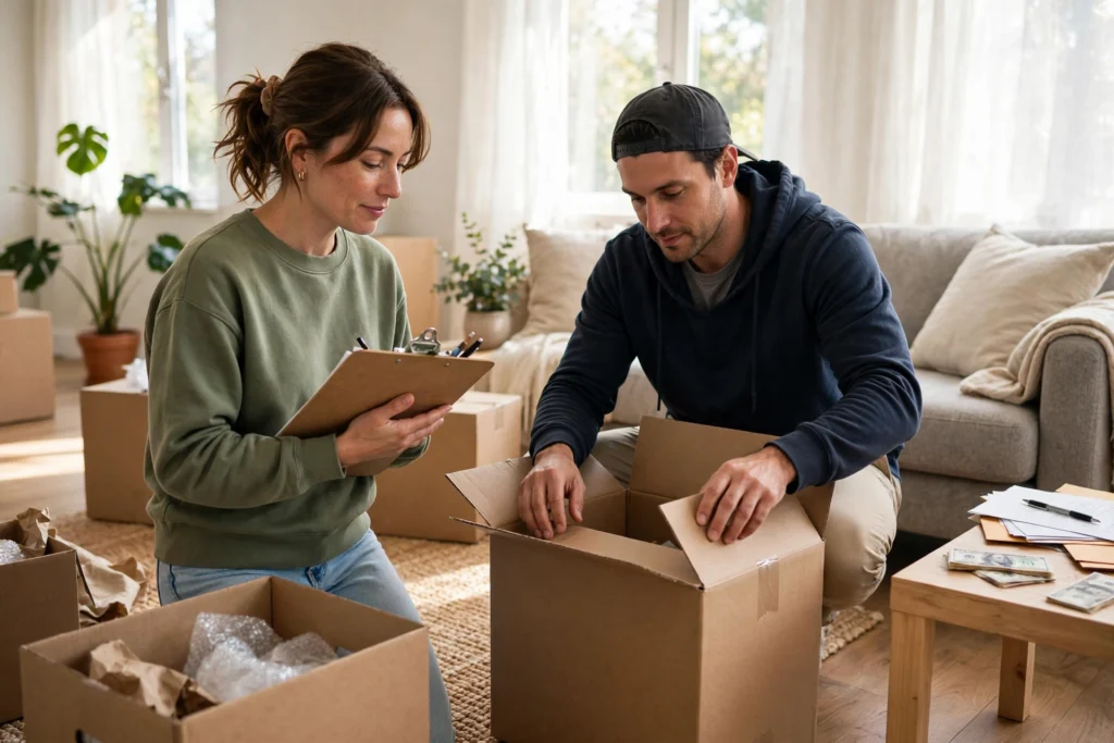 Photo of a couple unpacking moving boxes in their new living room with a clipboard and household bills nearby