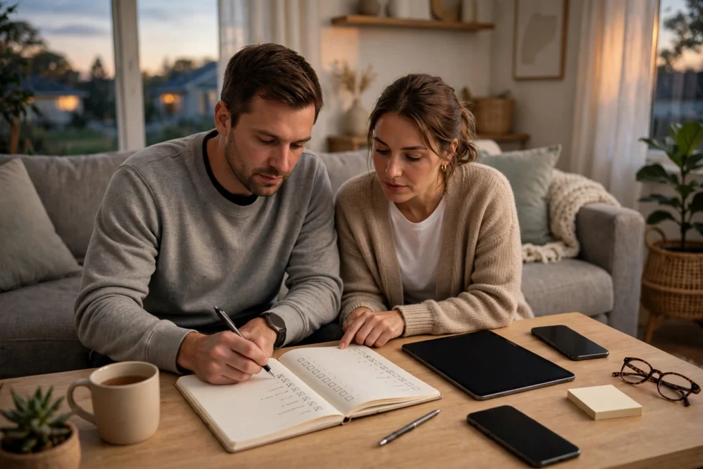 Photo of a couple writing a subscriptions checklist together at a coffee table