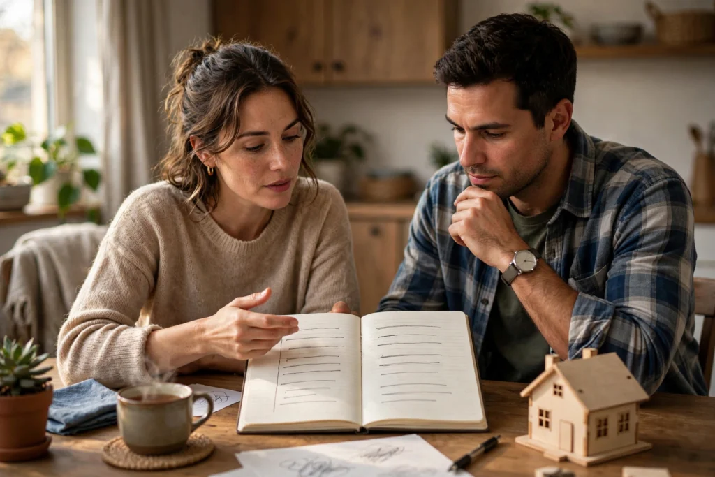 Photo of a couple discussing a two-column notebook at their table with a small wooden model house beside them