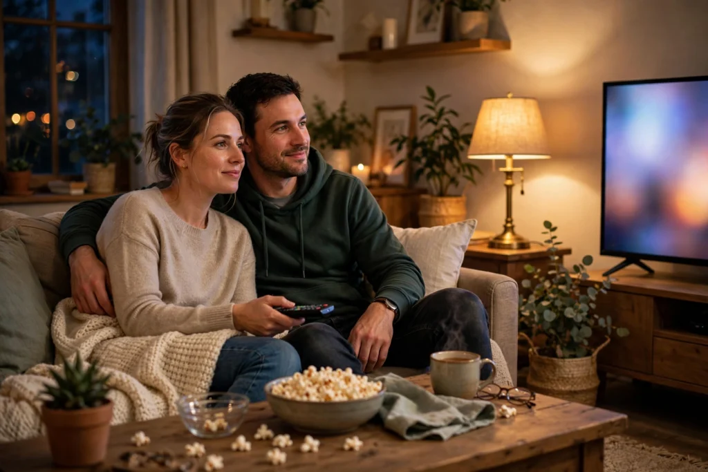 Photo of a couple relaxing on the couch watching television together in the evening