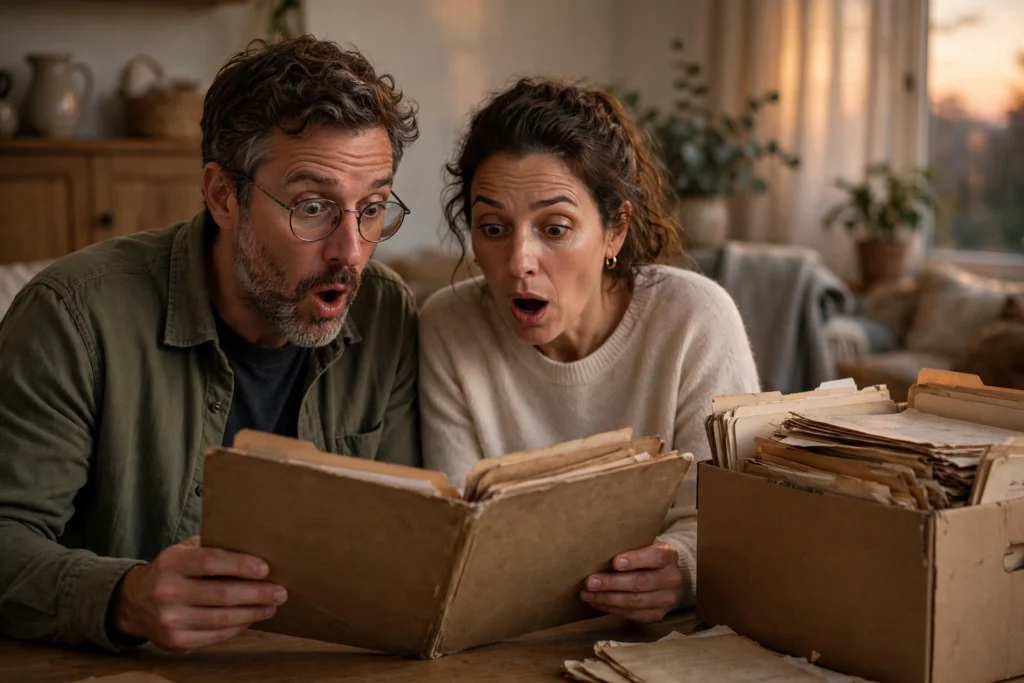 Photo of a surprised couple at home opening a dusty old folder of retirement statements beside a box of old paperwork