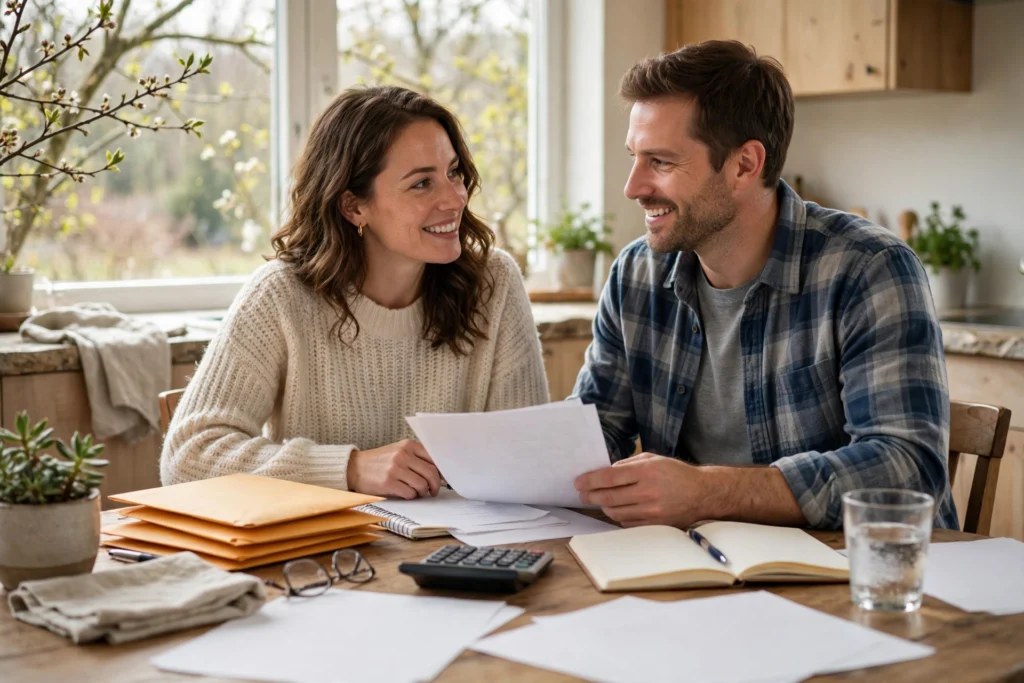 Photo of a smiling couple at their kitchen table sorting tax season envelopes and paperwork while planning their family car savings