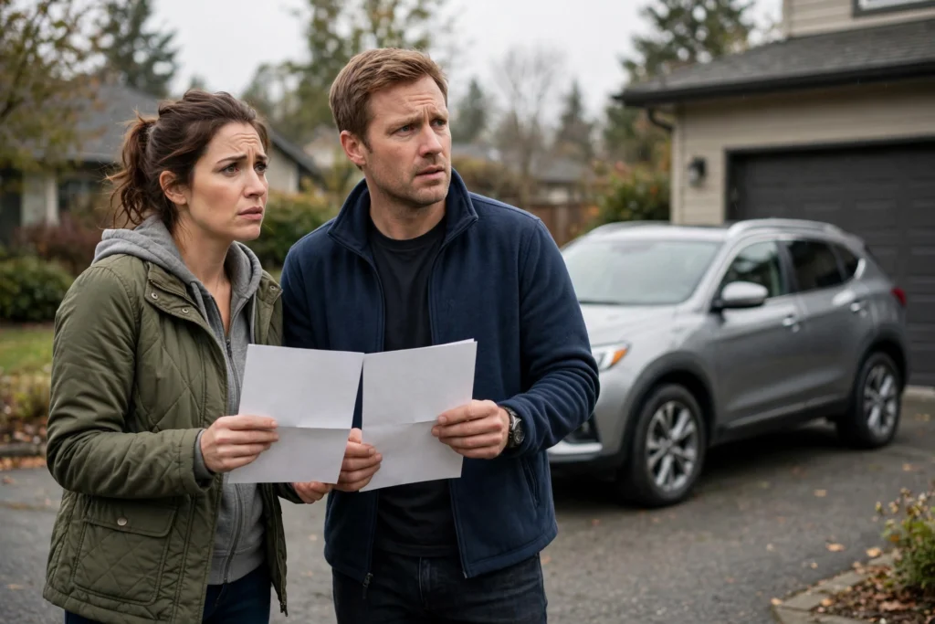 Photo of a couple in their driveway looking concerned as they read an unexpected car repair estimate