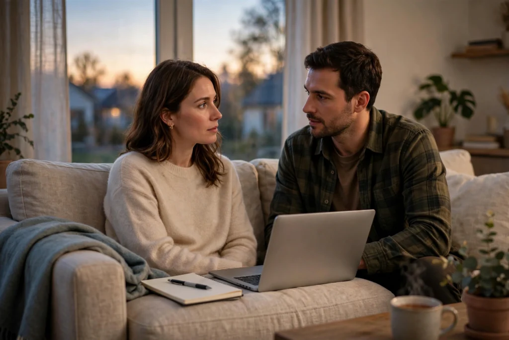 Photo of a couple having a serious, supportive money conversation on their sofa with a laptop