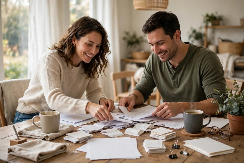 Photo of a couple smiling as they sort a year of receipts and paperwork across their dining table