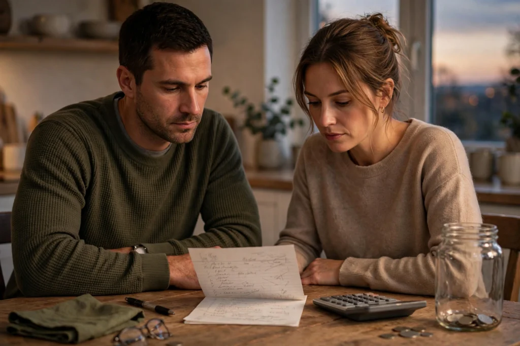 Photo of a serious couple at their kitchen table in the evening reworking a handwritten gift list with a calculator and a nearly empty savings jar