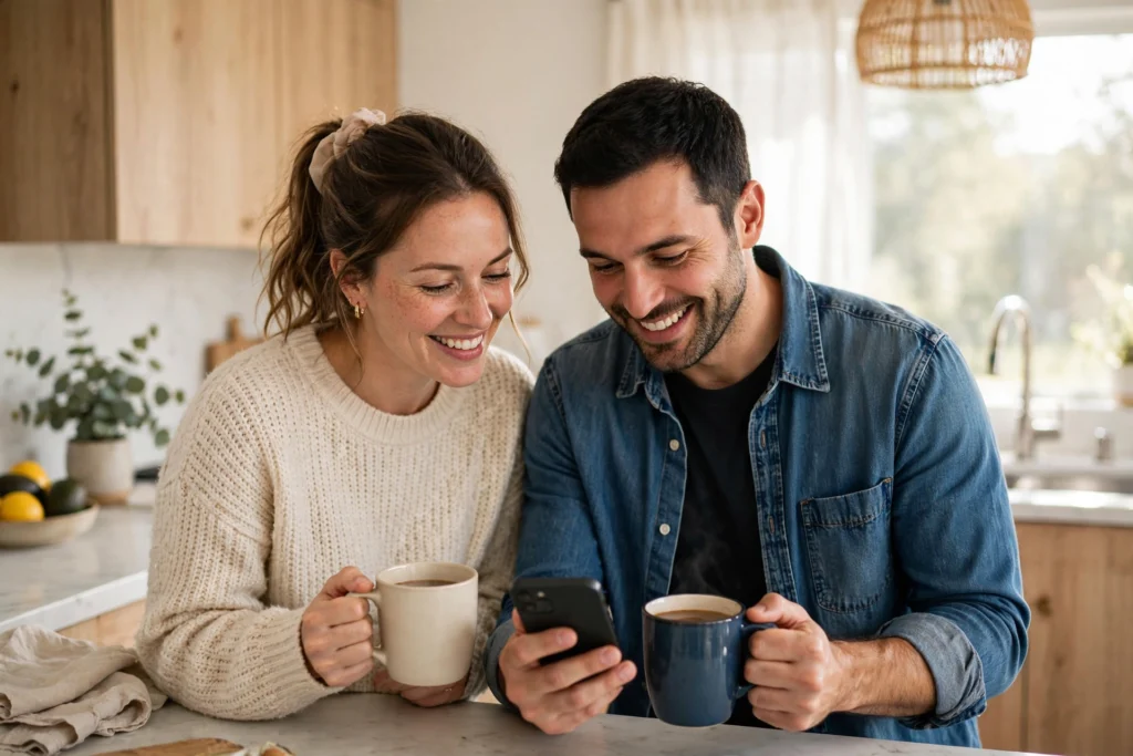 Photo of a smiling couple at their kitchen counter with coffee mugs checking their savings progress on a phone