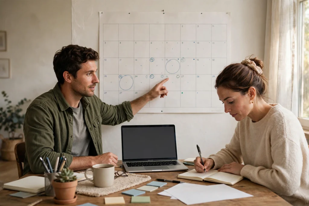 Photo of a couple at a home desk planning around a wall calendar with a laptop and notebook