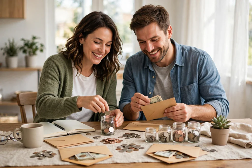 Photo of a smiling couple at their table sorting cash and coins into several envelopes and small jars for different savings goals