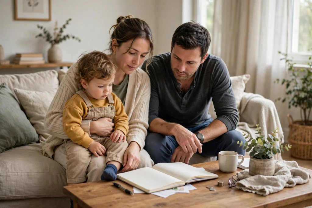 Photo of a couple on their sofa with their toddler looking at a household budget notebook together