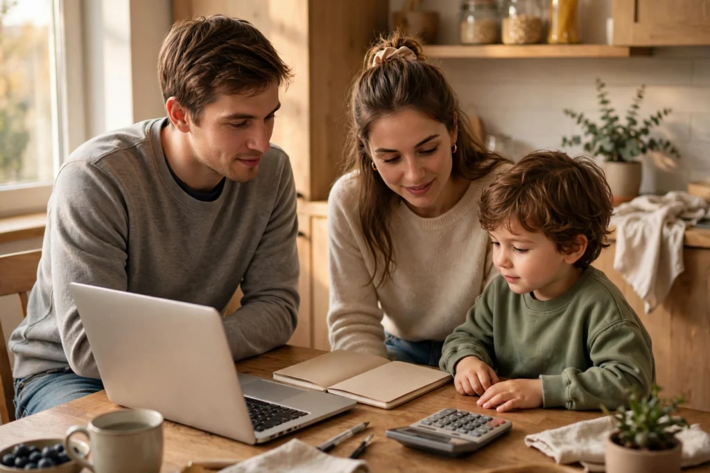Photo of a young family with their child at the kitchen table planning emergency savings with a laptop and notebook
