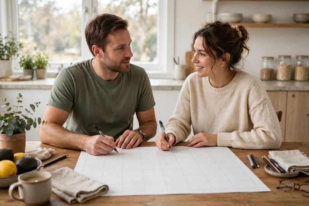 Photo of a couple at their kitchen table working on a shared budget worksheet together