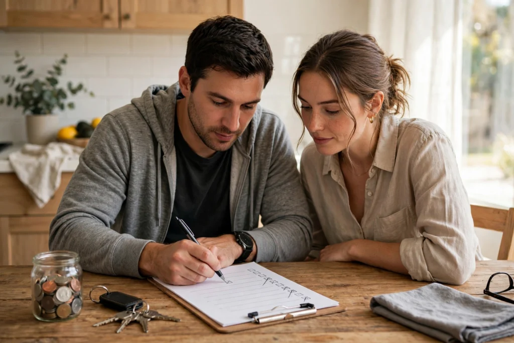 Photo of a couple at their kitchen table ticking off a car repair savings checklist on a clipboard with car keys and a coin jar beside them