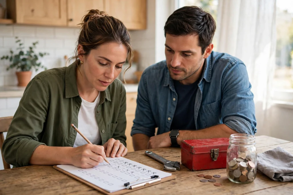 Photo of a couple at their kitchen table ticking off a home repair savings checklist with a red toolbox wrench and coin jar beside them