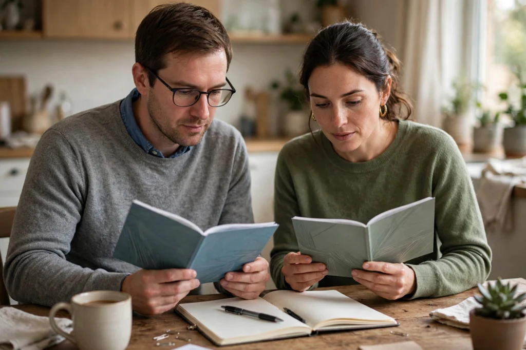 Photo of a couple at their table each reading a different workplace plan booklet with a shared notebook between them
