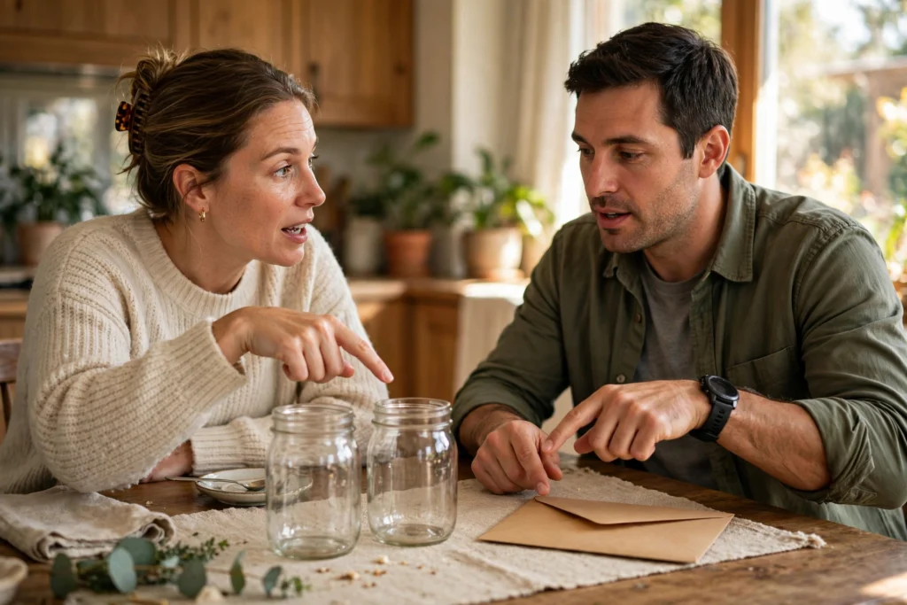 Photo of a couple at their table discussing two glass jars and an envelope as they decide where to keep emergency savings