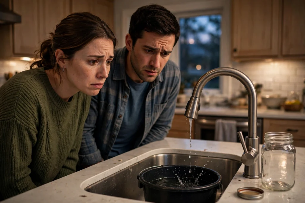 Photo of a worried couple in their kitchen watching water pour from a faucet into a bucket with an empty savings jar on the counter