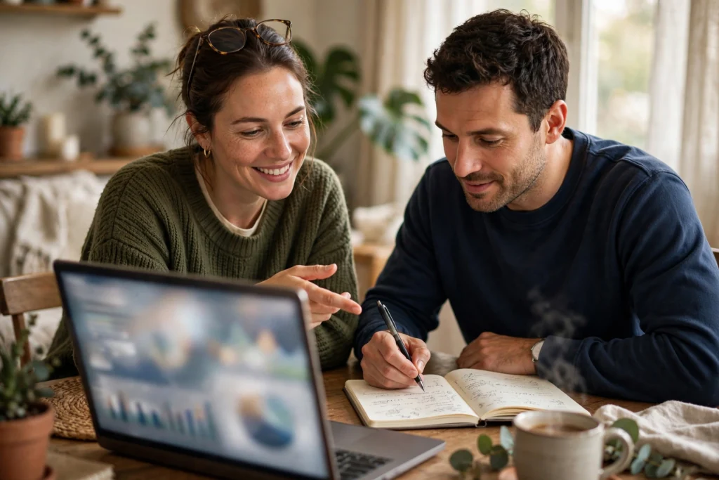 Photo of a smiling couple at their table as one partner explains their retirement accounts and the other takes notes in a shared notebook