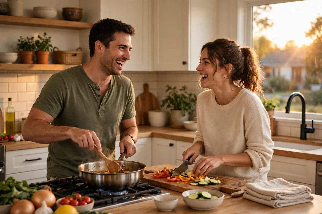 Photo of a couple laughing while cooking dinner together in their kitchen