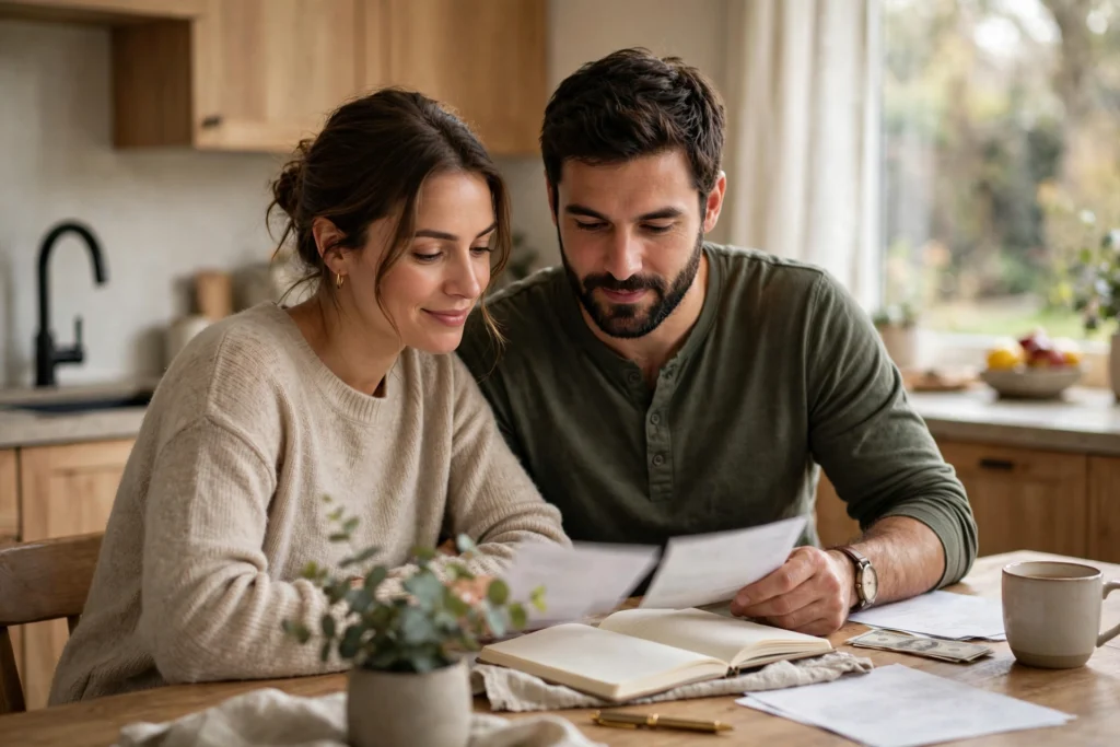 Photo of a couple calmly reviewing bills and a notebook together at their kitchen table
