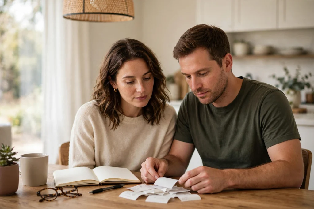 Photo of a couple sorting restaurant receipts together at a table