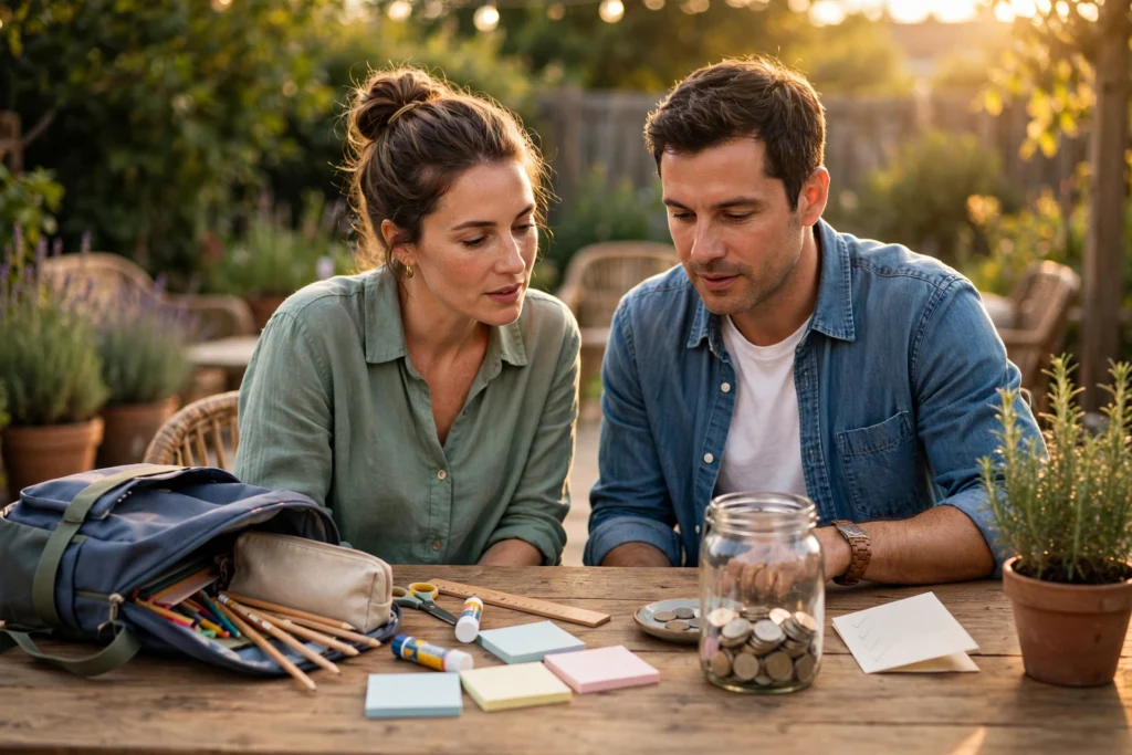 Photo of a couple at a garden table in late summer with a school backpack and supplies beside a coin jar for holiday gift saving