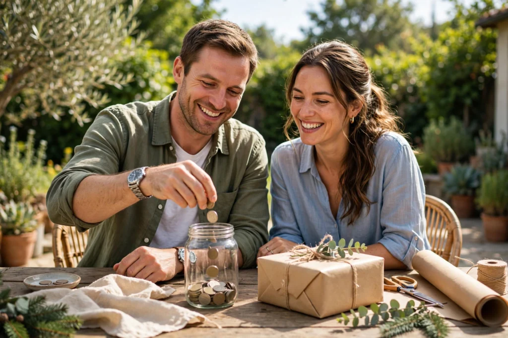 Photo of a smiling couple at a sunny garden table wrapping a holiday gift early while dropping coins into a savings jar