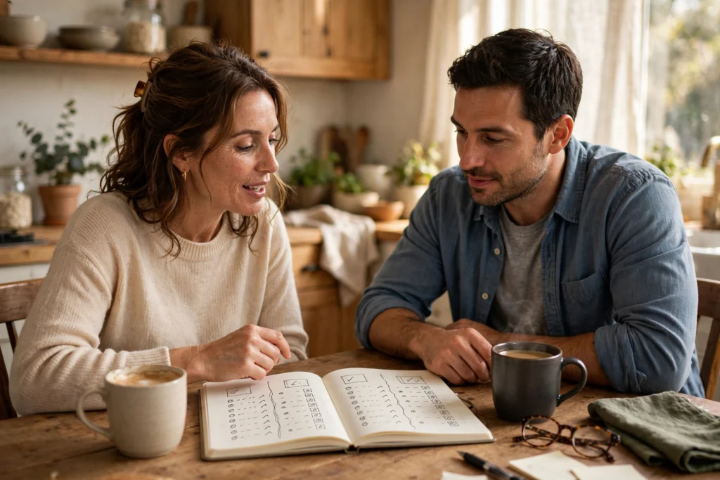 Photo of a couple at their kitchen table discussing a two-column comparison in a notebook over coffee