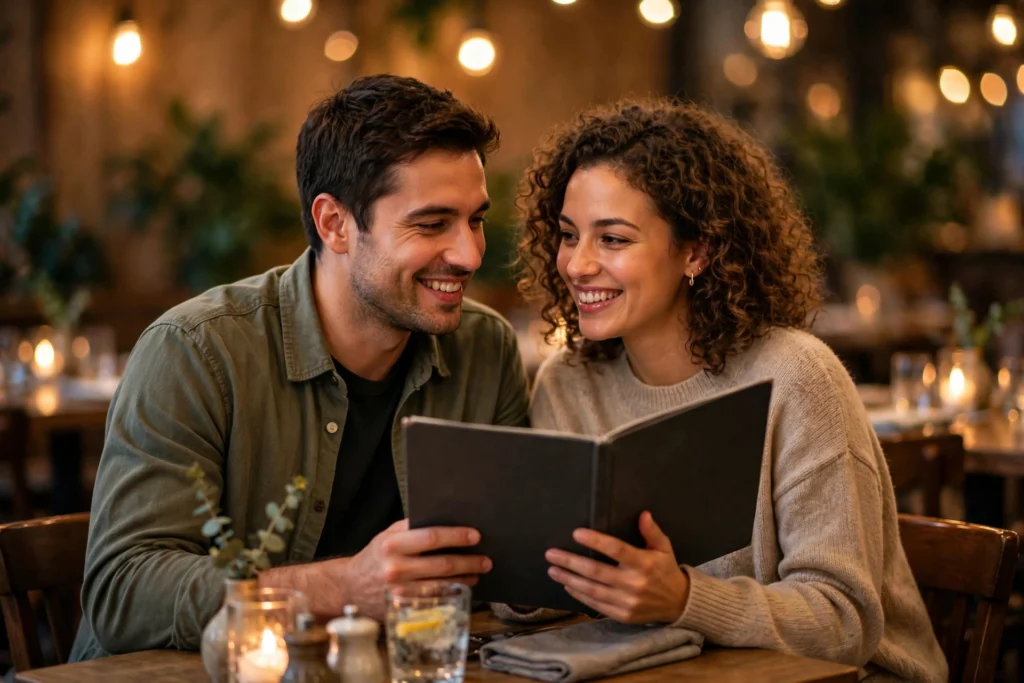 Photo of a couple smiling over a menu together at a restaurant
