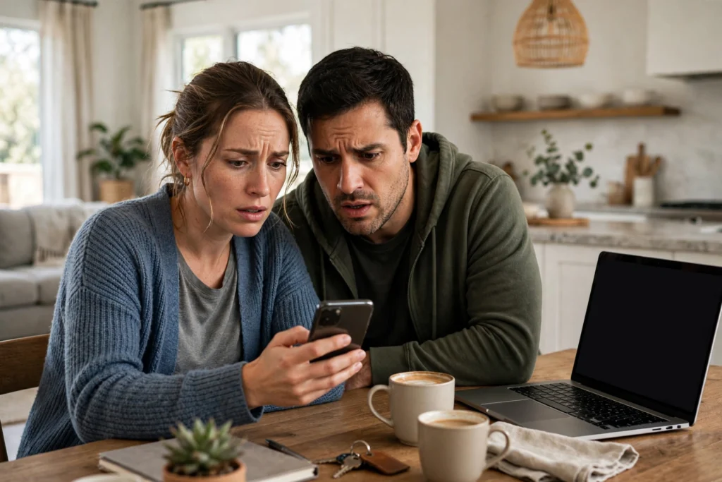 Photo of a couple looking surprised at an unexpected charge on a phone