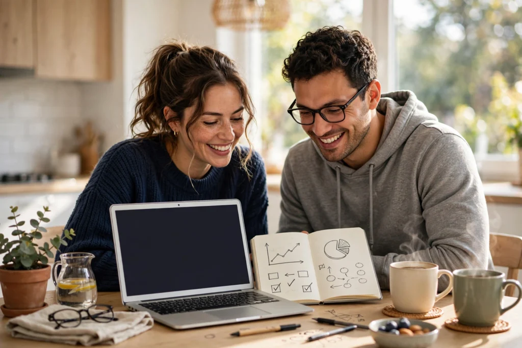 Photo of a smiling couple in their thirties at their kitchen table with a laptop and a notebook of simple charts as they start saving for retirement