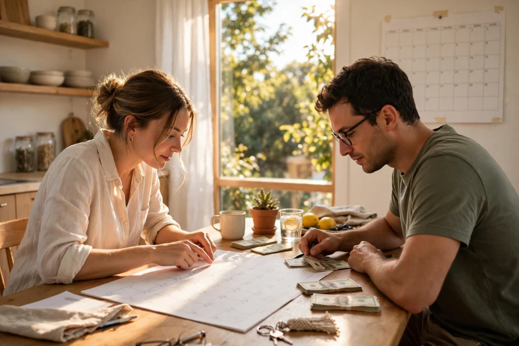 Photo of a couple at a sunny kitchen table planning ahead with a calendar and bills