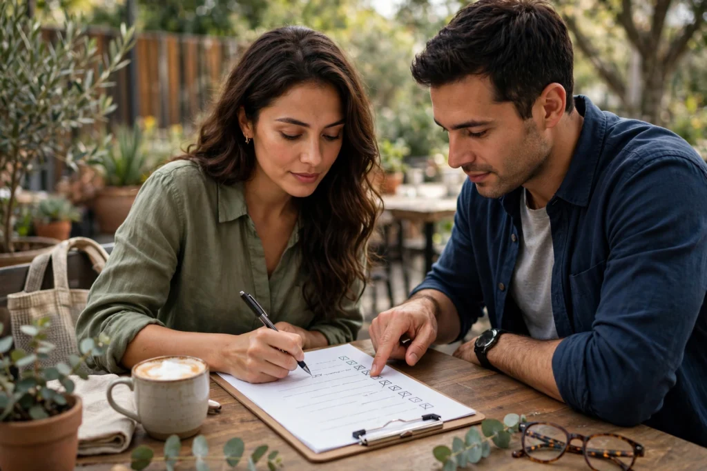 Photo of a couple working through a paper checklist on a clipboard at an outdoor table