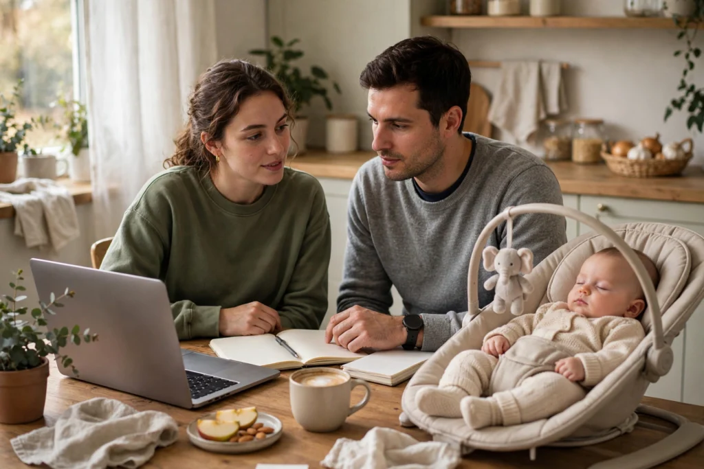 Photo of a young couple at their kitchen table with their baby asleep in a bouncer beside them reviewing retirement saving on a laptop