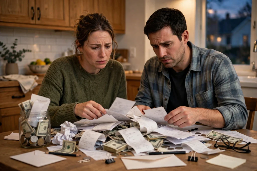 Photo of a worried couple at their kitchen table sorting a messy pile of receipts and cash where savings and spending got mixed