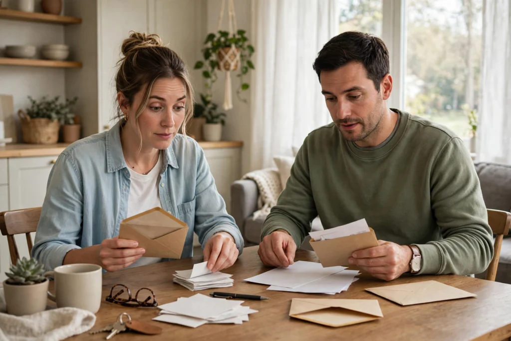 Photo of a couple opening envelopes and sorting paper bills at their dining table