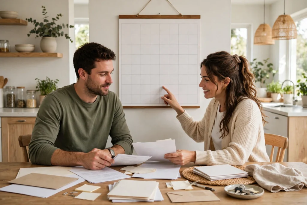 Photo of a couple reviewing household bills and a calendar together at home